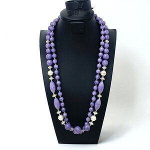 Double Strand Purple Beaded Necklace with Silver Accents Vintage-Inspired 25"L